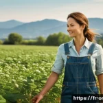 Home 21 유기농업관리사로서의 전문성 강화 방법 - A female organic farmer in her late 30s stands in a thriving, sun-drenched organic field, wearing pr...