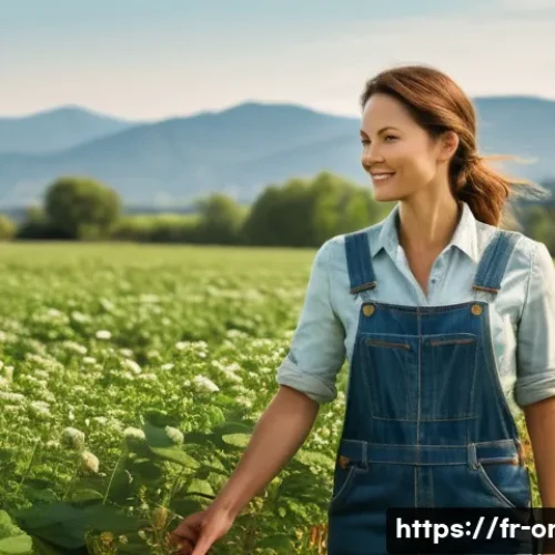 Home 33 유기농업관리사로서의 전문성 강화 방법 - A female organic farmer in her late 30s stands in a thriving, sun-drenched organic field, wearing pr...