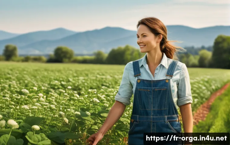 유기농업관리사로서의 전문성 강화 방법 - A female organic farmer in her late 30s stands in a thriving, sun-drenched organic field, wearing pr...