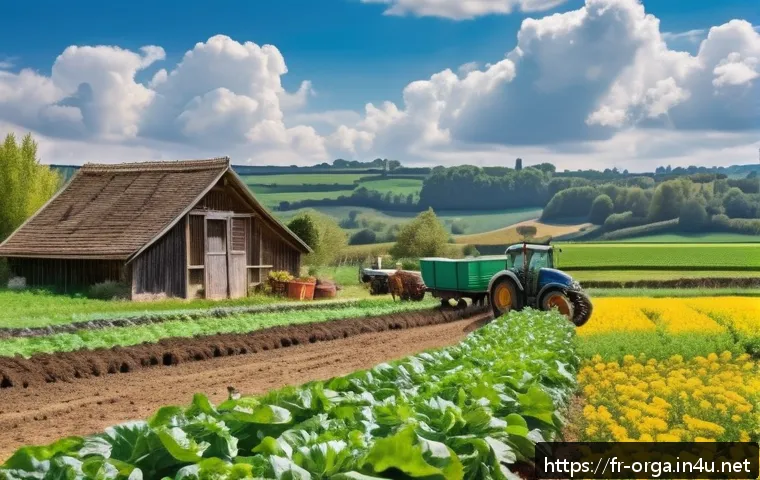 유기농업관리사 취득 후 해외 농업 지원 - A vibrant organic farm scene in the French countryside during spring, showcasing diverse crop rotati...