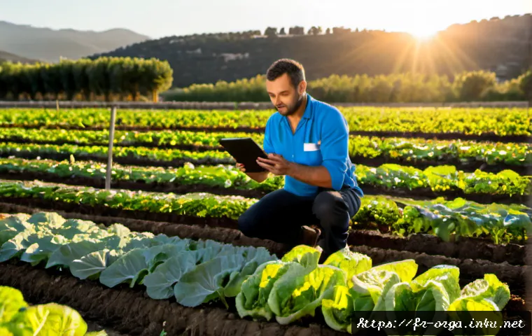 유기농업관리사 자격증의 장점과 단점 - Photorealistic French organic farm manager in practical workwear inspecting vibrant vegetable rows w...